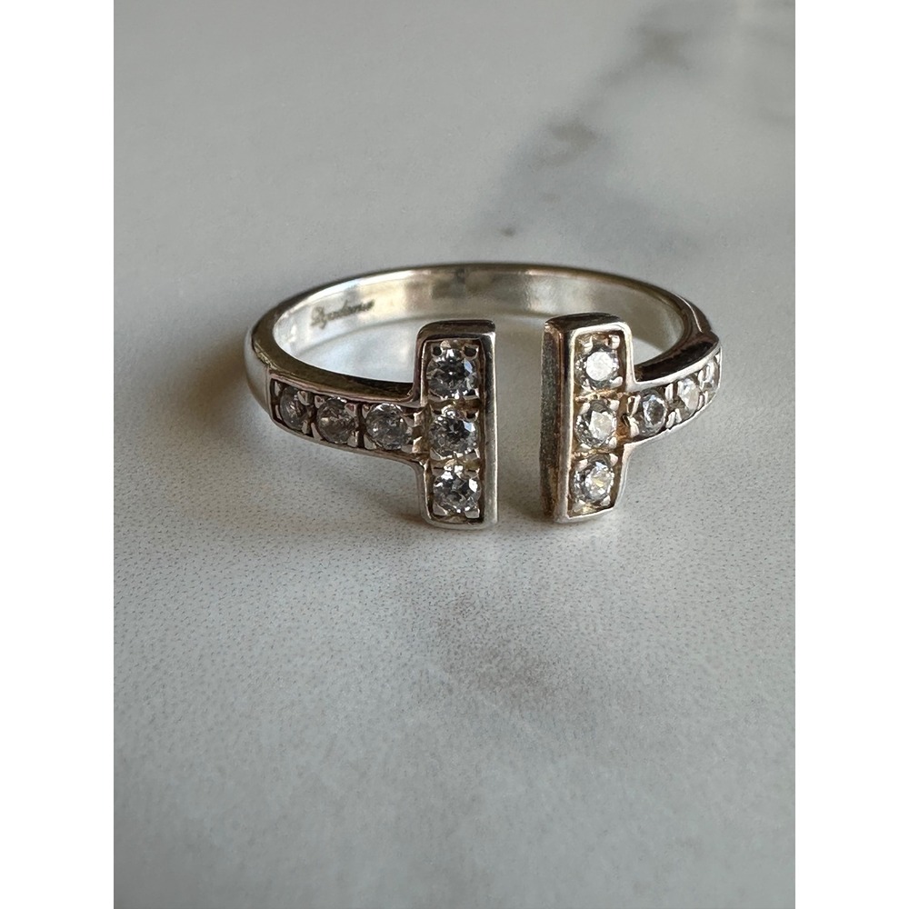 Dyadema Italy 925 Sterling Silver Double T Cubic Zirconia Open Ring Size 7